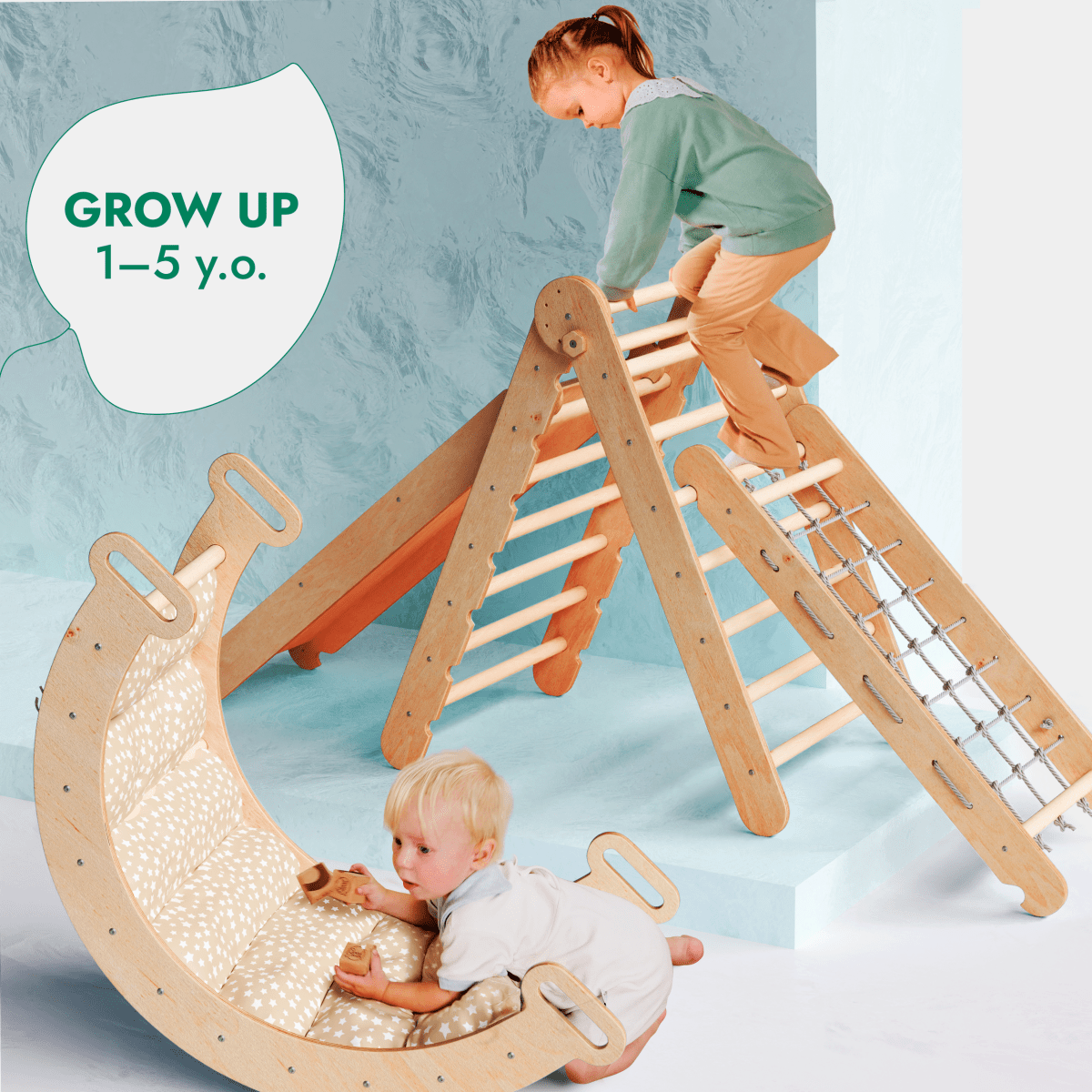 5in1 Montessori Climbing Set: Triangle Ladder + Arch/Rocker + Slide Board/Ramp + Netting rope + Cushion